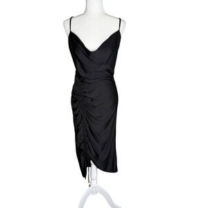 New E.L.H. Studio Dress Women's L Black Cowl Neck Ruched Bodycon Midi Slip Dress
